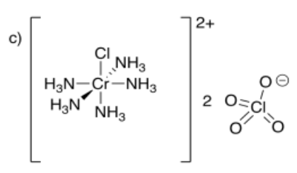 Chromium coordination complex with five amine ligands and one chlorine ligand. Overall charge of +2. Two perchlorate counterions.