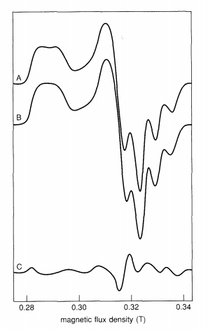 Frozen-solution EPR spectra of stellacyanin is shown with magnetic flux density on the horizontal axis in units of T. Isotope 65 of copper is labeled A, isotope 63 of copper is labeled B, and the difference between A and B is labeled C. A and B follow similar pattern of one broad hump, one narrow hump, and a drop around 0.32 T before a rise up through 0.34 T.