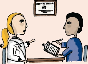 A cartoon doctor speaks to a patient as the patient fills out a form. 