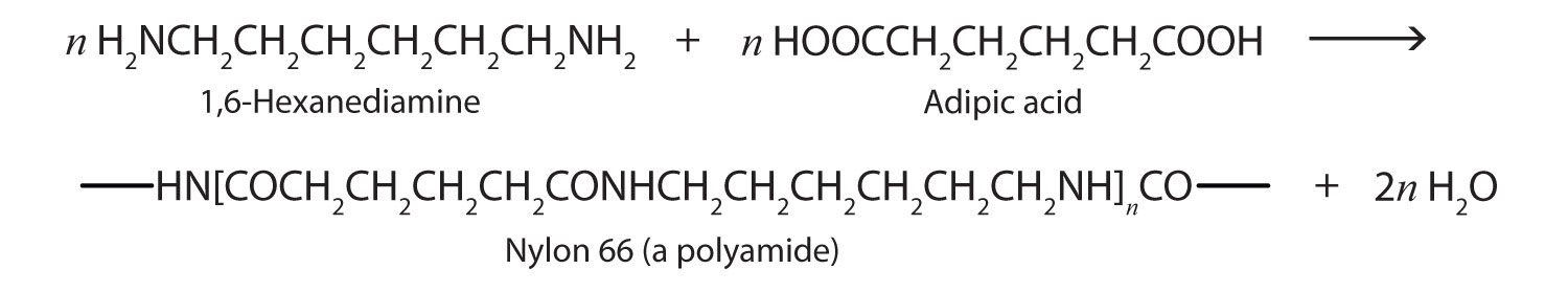 Reaction diagram. 1,6-hexanediamine reacts with adipic acid forming Nylon 66 (a polyamide).