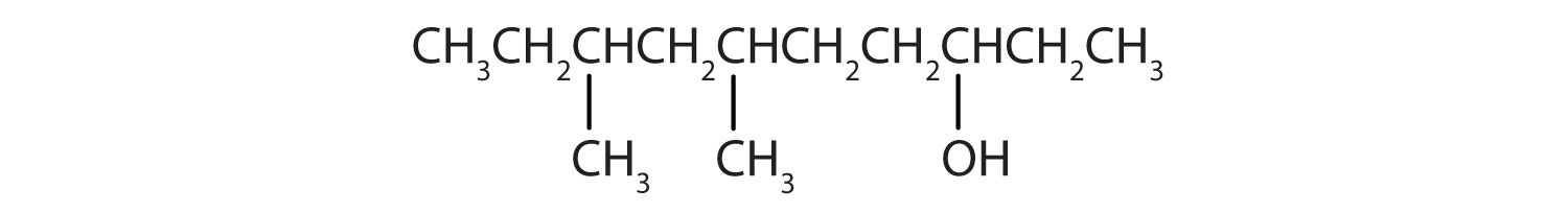 From left to right, there are ten carbon on the alkane straight chain with methyl groups emerging from carbon 3 and 5 and a hydroxyl group on carbon 8.