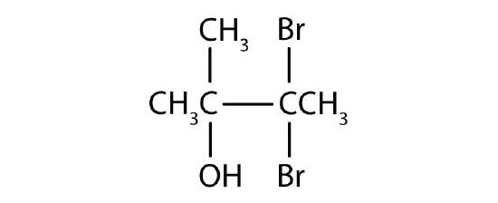From left to right, there are four carbons on the alkane straight chain with a methyl and hydroxyl group on carbon 2 and two bromine atoms on carbon 3.