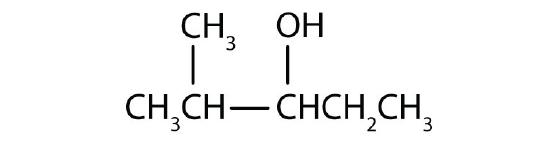 From left to right, there are five carbons on the alkane straight chain with a methyl group on carbon 2 and a hydroxyl group on carbon 3.