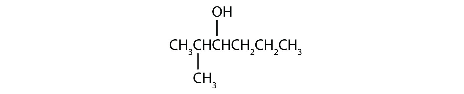 From left to right, there are six carbons on the alkane straight chain with a methyl group on carbon 2 and a hydroxyl group on carbon 3.