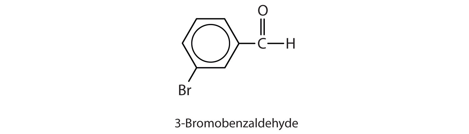 A carbonyl carbon is attached to 1 H atom and a hexagonal structure with a circle drawn in the center. The bromine bonded to the benzene ring is on the third carbon from the site of attachment to the carbonyl carbon. 