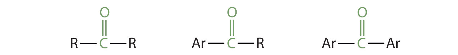 Three general structural formulas are shown. The first one shows the carbonyl carbon bonded to two R groups, the second shows one R group and one Ar group and the third one shows bonding to two Ar groups. 