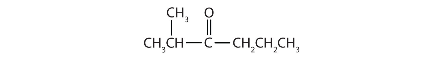 Un carbono carbonilo está unido a un grupo propilo y un grupo isopropilo.