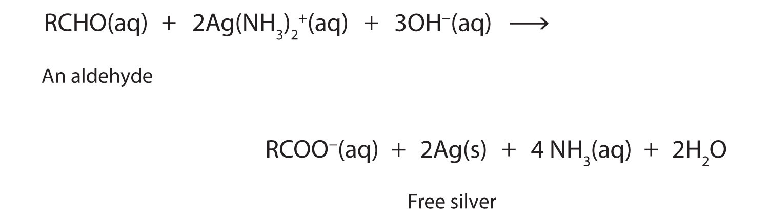 Un grupo aldehído RCHO reacciona con 2 Ag (NH subíndice 3) subíndice 2 signo positivo superíndice y 3 iones hidróxido para dar signo negativo de superíndice COO además de 2 plata en su estado sólido, 4 NH subíndice 3 y 2 agua.