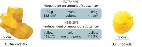 Mass and volume are extensive values, meaning they depend on the amount of substance. Color and melting point are intensive, meaning they are independent of amount of substance.
