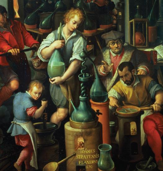 A renaissance painting of alchemists working with a series of glass bottles and fire.