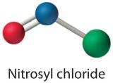 Ball and stick model of nitrosyl chloride.