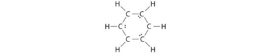 C6H6 shown with only single bonds and 2 valence electrons on every other carbon.