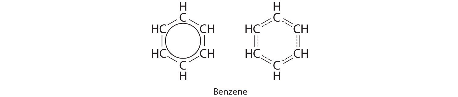 Benzene drawn with a circle in the center and another benzene shown with a dashed hexagon within.