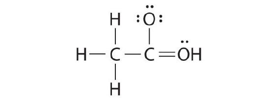Acetic acid drawn with a single bond to the oxygen with 6 valence electrons and a double bond to the hydroxy group.