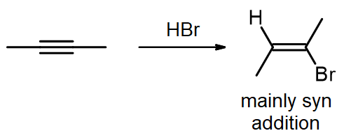 Addition of one HBr to an internal alkene, giving a vinyl bromide