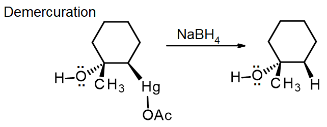The organomercury compound from oxymercuration is reduced with NaBH4 to form 1-methylcyclohexanol
