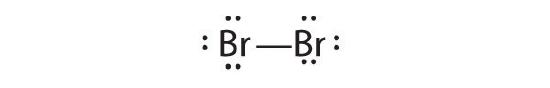 2 Bromines bound together with a single bond; each has 6 valence electrons.