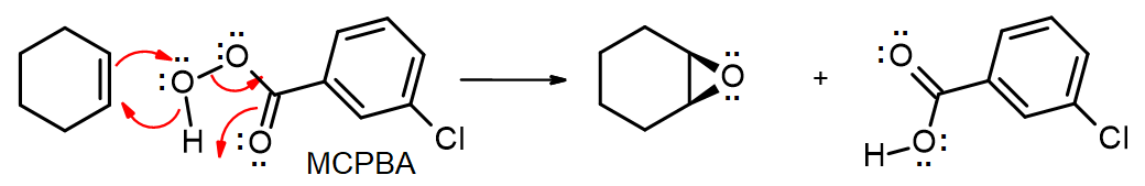Single step mechanism for MCPBA epoxidation of cyclohexene - O of OH attacks and is attacked by alkene, with loss of carboxylic acid