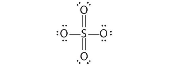 Sulfur bound to 2 oxygens that each have 6 valence electrons through single bonds and two more oxygens that each have four valence electrons through double bonds.