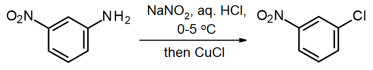 m-nitroaniline reacts with NaNO2 and HCl, then CuCl, to make m-chloronitrobenzene