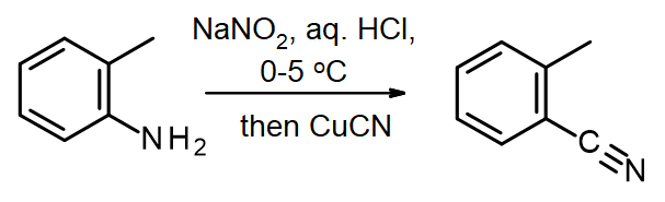 Sandmeyer reaction example. 2-Methylaniline (o-toluidine) is diazotized then treated with CuCN, forming 2-methylbenzonitrile (o-tolunitrile)