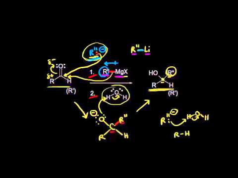 Thumbnail for the embedded element "Addition of carbon nucleophiles to aldehydes and ketones | Organic chemistry | Khan Academy"