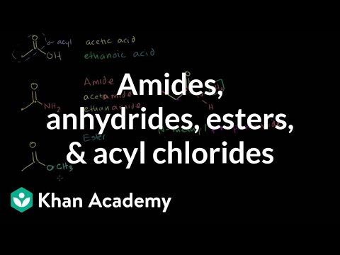Thumbnail for the embedded element "Amides, anhydrides, esters, and acyl chlorides | Organic chemistry | Khan Academy"