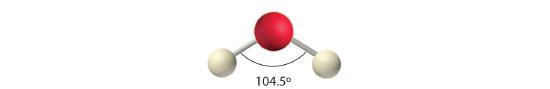 Ball and stick model of H2O showing the bond angle of 104.5 degrees.
