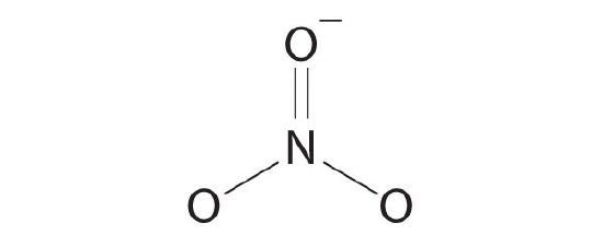 Nitrogen shown bound to three oxygens with two single bonds. One oxygen has a double bond and holds a negative charge.