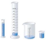 10mL graduated cylinder, 100mL graduated cylinder, 100mL flask, and 10mL flask each with 9.7mL of liquid