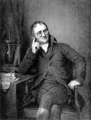 Grayscale painting of John Dalton, seated next to various glassware.