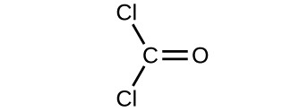 A structure is shown. A C atom is bonded to two C l atoms and forms a double bond with one O atom.