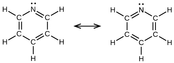 Two Lewis structures are shown with a double-headed arrow in between. The left structure depicts a hexagonal ring composed of five carbon atoms, each single bonded to a hydrogen atom, and one nitrogen atom that has a lone pair of electrons. The ring has alternating single and double bonds. The right structure is the same as the first, but each double bond has rotated to a new position.
