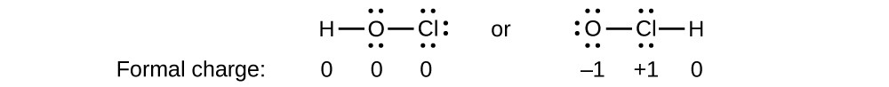 Two Lewis structures are shown, with the word “or” in between. The left structure shows a hydrogen atom single bonded to an oxygen atom with two lone pairs of electrons which is single bonded to a chlorine atom with three lone pairs of electrons. The phrase below this structure reads, “Formal charge,” and is followed by the numbers “0, 0, 0.” The right structure shows an oxygen atom with three lone pairs of electrons single bonded to a chlorine atom with two lone pairs of electrons which is single bonded to a hydrogen atom. The numbers below this structure are, “negative 1, positive 1, 0.”