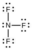 A Lewis structure shows a nitrogen atom with one lone pair of electrons single bonded to three fluorine atoms, each with three lone pairs of electrons.