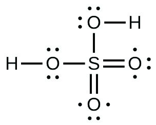 A Lewis structure shows a hydrogen atom single bonded to an oxygen atom with two lone pairs of electrons. The oxygen atom is single bonded to a sulfur atom. The sulfur atom is double bonded to two oxygen atoms, each of which have three lone pairs of electrons, and single bonded to an oxygen atom with two lone pairs of electrons. This oxygen atom is single bonded to a hydrogen atom.