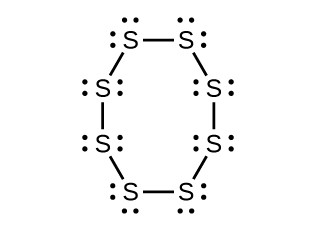 A Lewis structure is shown in which eight sulfur atoms, each with two lone pairs of eletrons, are single bonded together into an eight-sided ring.