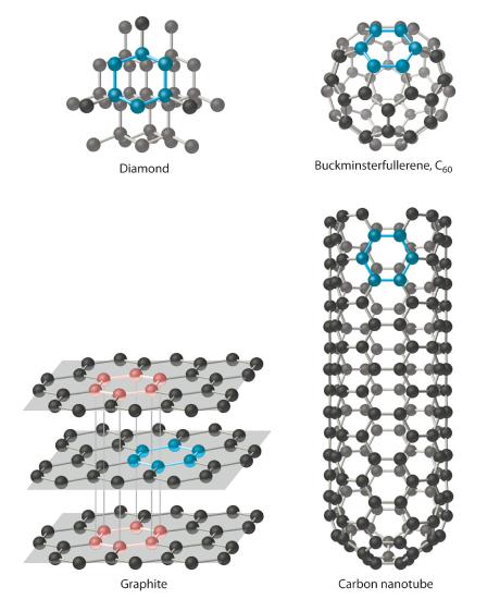 4 Carbon allotropes are shown including diamond, buckminsterfullerene (C60), graphite, and a carbon nanotube.