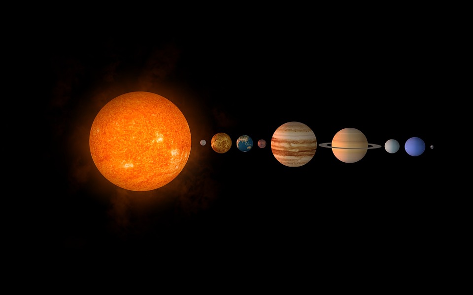 Image of our Solar system, including Mercury, Venus, Earth, Mars, Saturn, Jupiter, Uranus, Neptune, Pluto, and the Sun.