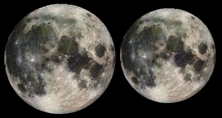 This illustration, based on Galileo spacecraft images, shows the approximate difference in apparent size between a full moon at perigee (left) and a full moon at apogee, the farthest point in the lunar orbit.