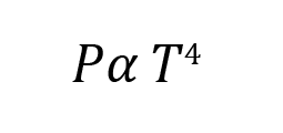 Image of Stefan-Boltzmann Law in an equation. Power, P , emitted per unit of area of an object is proportional to the fourth power of its temperature, T