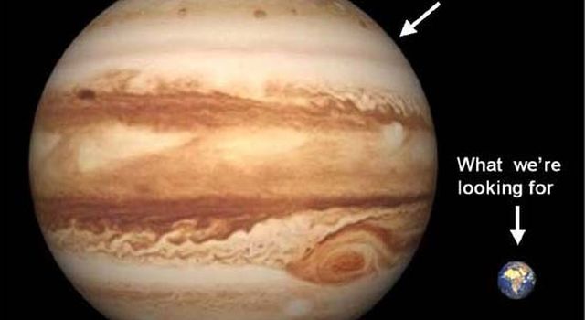 Image of Jupiter and earth next to each other so you can compare sizes. Jupiter is 100 times larger in the image.
