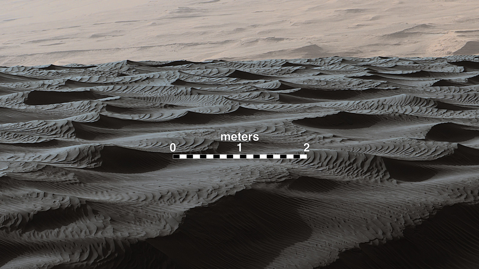 Image of Sand Dunes on Mars: Endurance Craters are dramatic dune fields on the crater floor. Dune crests have accumulated more dust than the flanks of the dunes and the flat surfaces between the dunes.