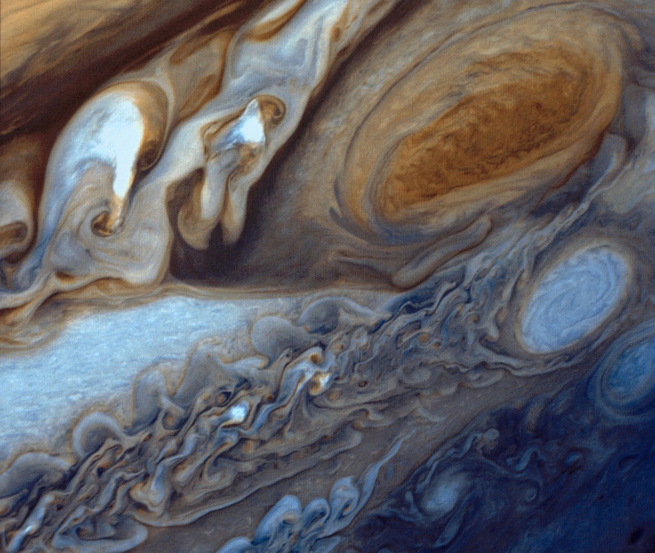 Image of Jupiter’s Great Red Spot with turbulent cloud tops.