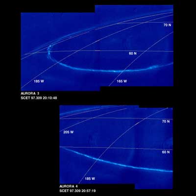 Image showing lightning in Jupiter’s upper atmosphere. These mosaics of Jupiter's night side show the Jovian aurora at approximately 45 minute intervals as the auroral ring rotated with the planet below the spacecraft. The images were obtained by the Solid State Imaging (SSI) system on NASA's Galileo spacecraft. during its eleventh orbit of Jupiter. The auroral ring is offset from Jupiter's pole of rotation and reaches the lowest latitude near 165 degrees west longitude. The aurora is hundreds of kilometers wide, and when it crosses the edge of Jupiter, it is about 250 kilometers above the planet.