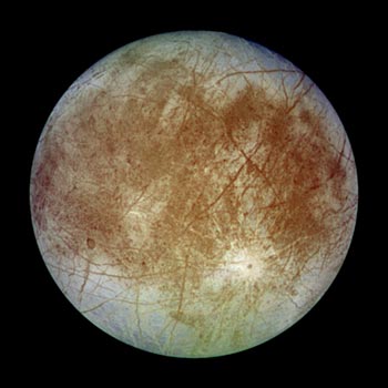 Image Jupiter’s Galilean Satellite Europa with possible liquid water oceans below the crust.