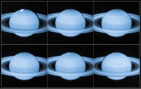 Image Multiple images showing Saturn’s aurora or white spots at the top of the planet.