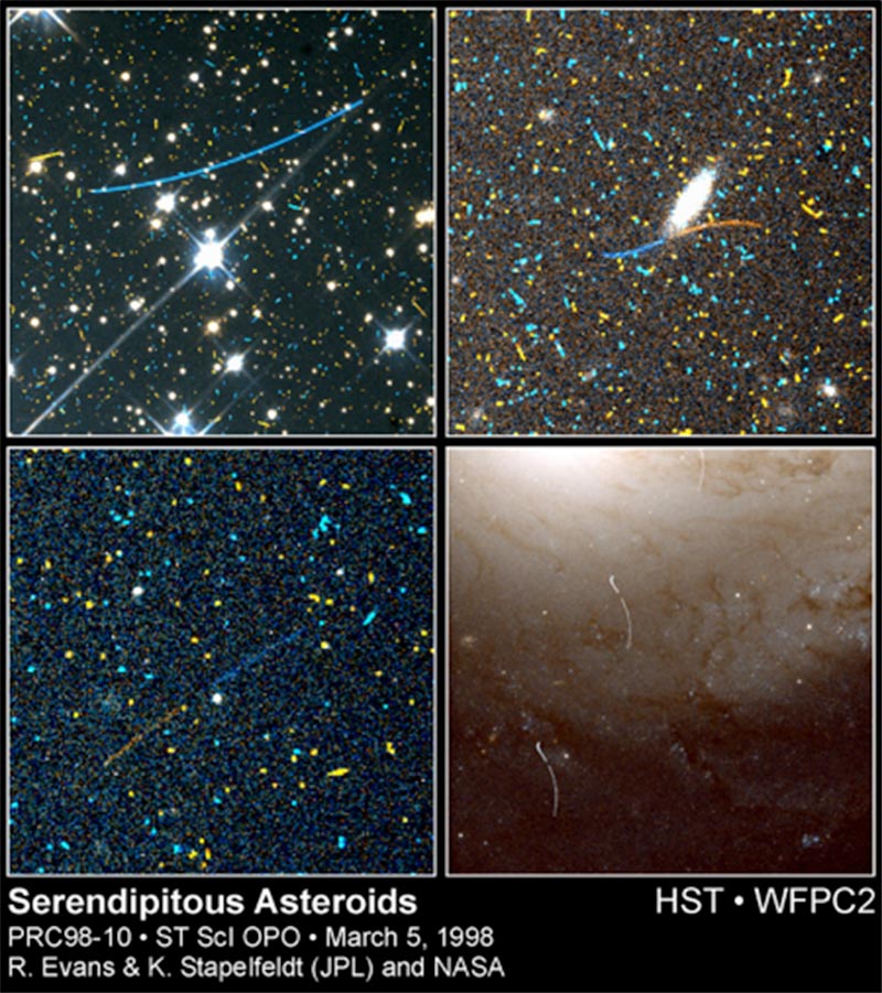Image of asteroids are shown as lines, which is the path of the asteroids against the background stars.
