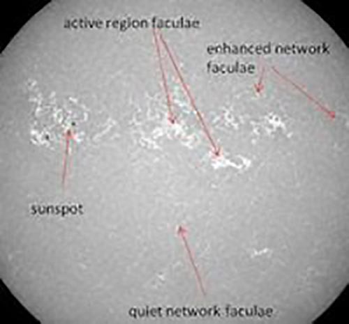 Solar Faculae with arrows pointing to active region, enhanced network, sunspot, and quiet network of the solar faculae. This image of the Sun's upper photosphere shows bright and dark magnetic structures responsible for variations in TSI.