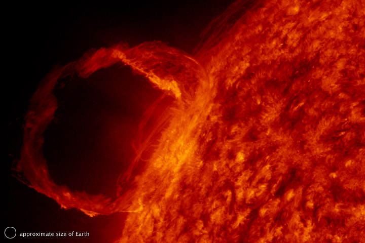 The Sun with a looping solar Prominence—bright gas clouds ejecting from the sun.